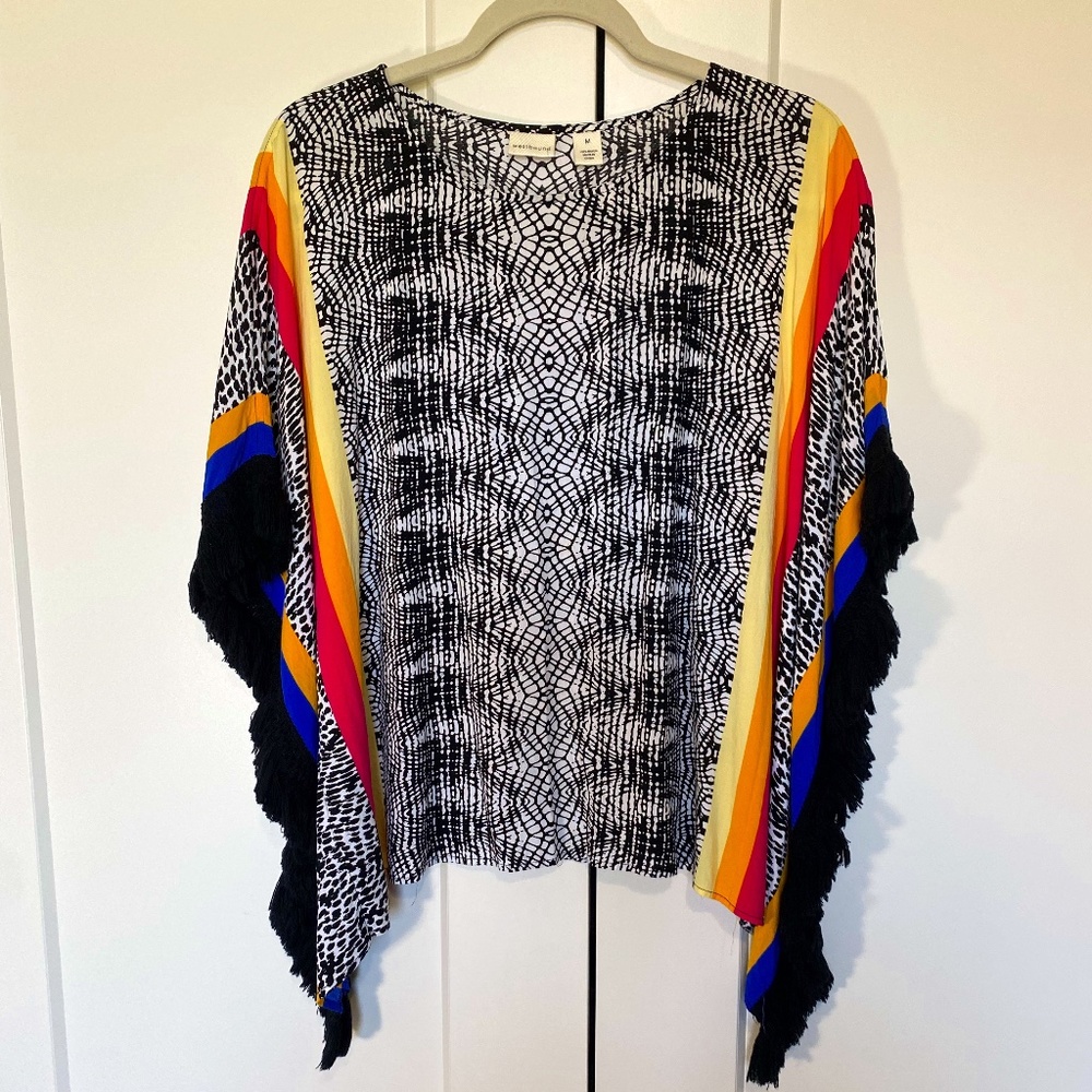 Westbound pullover batwing top with fringe detail on sleeve, Medium